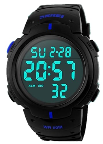 腕時計 メンズ デジタル腕時計 スポーツウォッチ 多機能付け 50m防水 夜間LEDライト 12/24時間 アラーム付き タイマー機能 ストップウォッチ 秒/分/時/日曜/カレンダー アウトドア プレゼント ギフ (黒*ブルー)